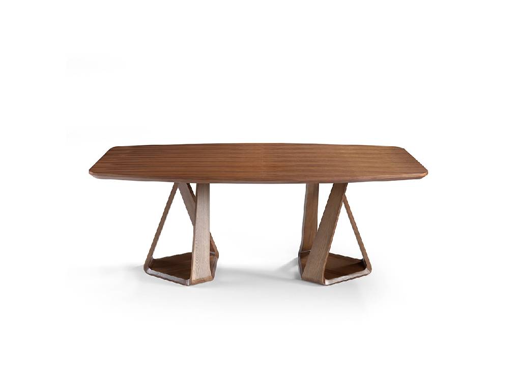 Two-base bent solid wood dining table with walnut wood-plated tabletop Two-base bent solid wood dining table with walnut wood-plated tabletop