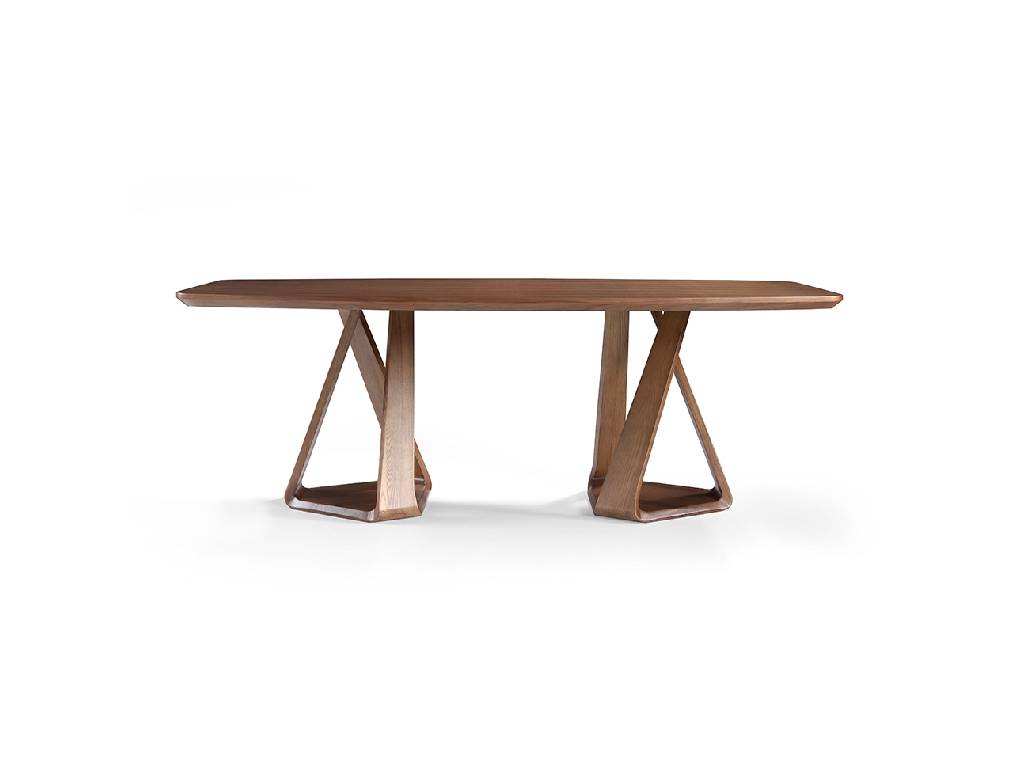 Two-base bent solid wood dining table with walnut wood-plated tabletop Two-base bent solid wood dining table with walnut wood-plated tabletop