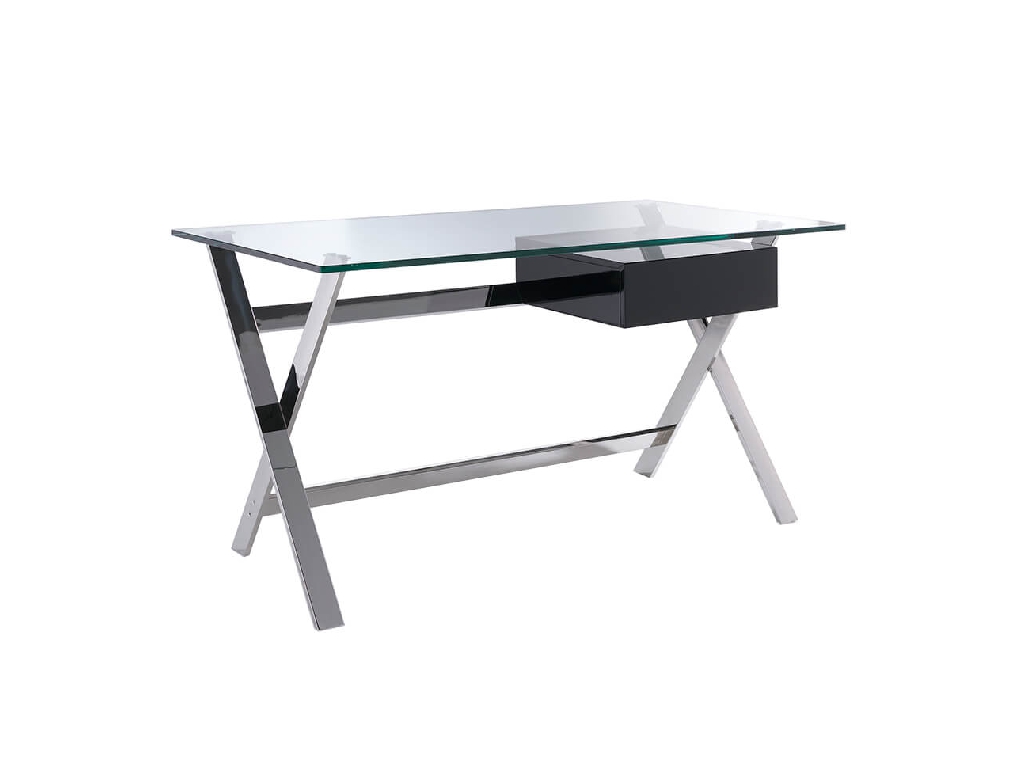 Office desk with tempered glass top and lacquered Mdf drawer. Stainless steel frame. Office desk with tempered glass top and lacquered Mdf drawer. Stainless steel frame.