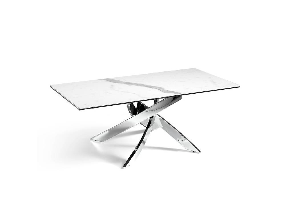 Centre table with white porcelain marble cover and a stainless steel base.. Centre table with white porcelain marble cover and a stainless steel base..
