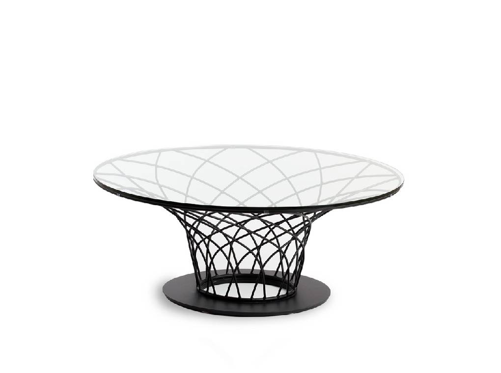 Round tempered glass and black steel coffee table