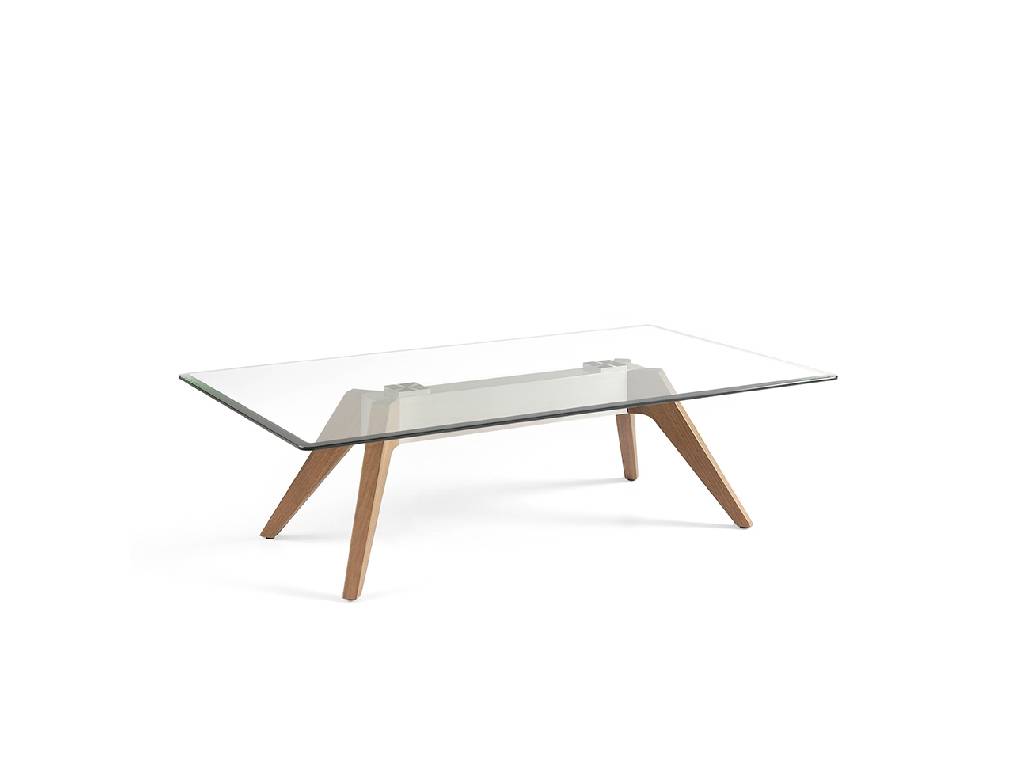 Coffee table with tempered glass tabletop, stainless steel base and walnut legs Coffee table with tempered glass tabletop, stainless steel base and walnut legs
