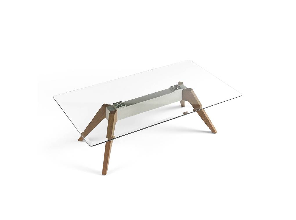 Coffee table with tempered glass tabletop, stainless steel base and walnut legs Coffee table with tempered glass tabletop, stainless steel base and walnut legs