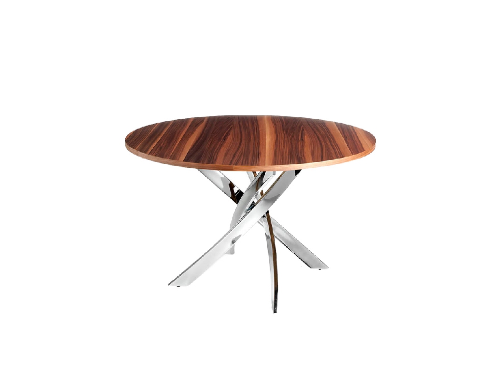 Walnut wood dining table and curved chrome steel