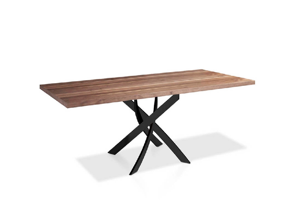 Обеденный стол из дерева орехового цвета и изогнутой хромированной стали