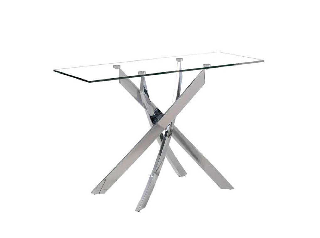 Console with chrome-veneered steel base and tempered glass cover. Console with chrome-veneered steel base and tempered glass cover.