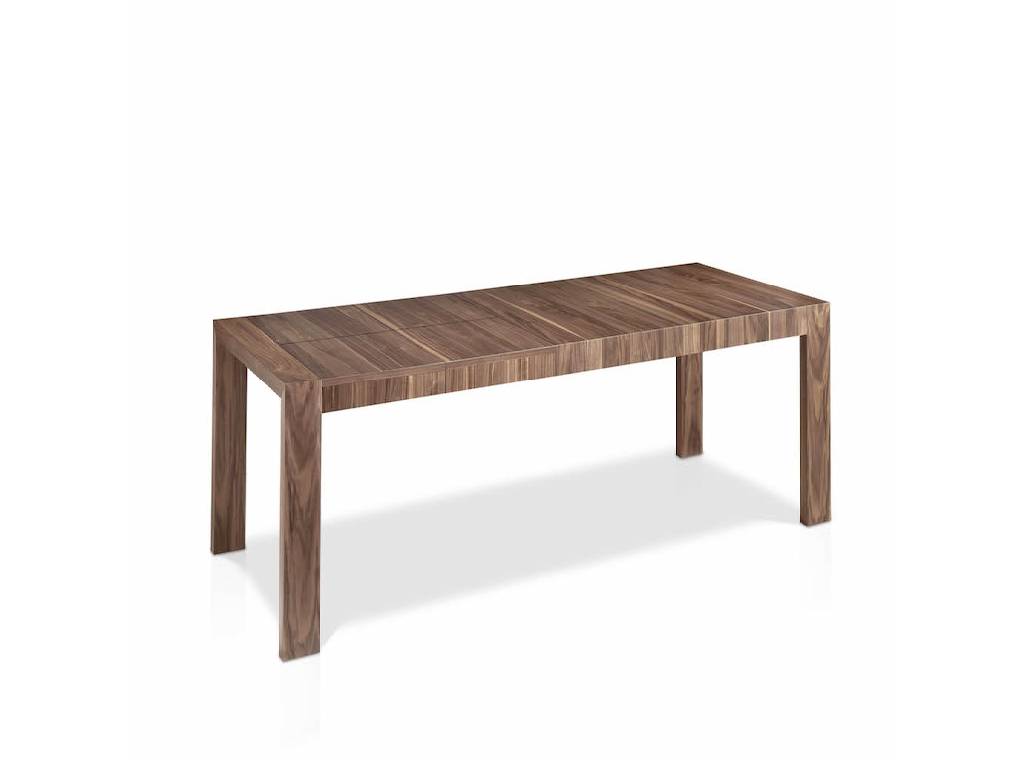 Extendable solid wood table with walnut wood veneer with two foldable extensions. Extendable solid wood table with walnut wood veneer with two foldable extensions.