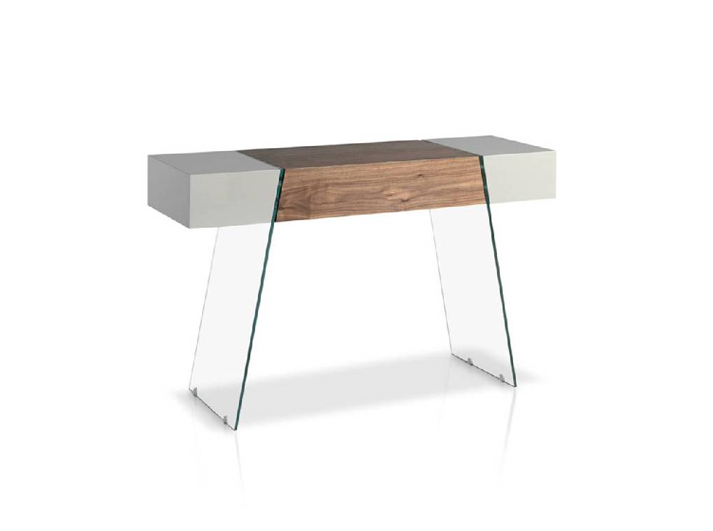 Glass console, Walnut-veneered wood and lacquered MD. Glass console, Walnut-veneered wood and lacquered MD.