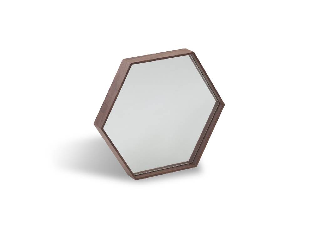 Walnut wood frame hexagonal mirror