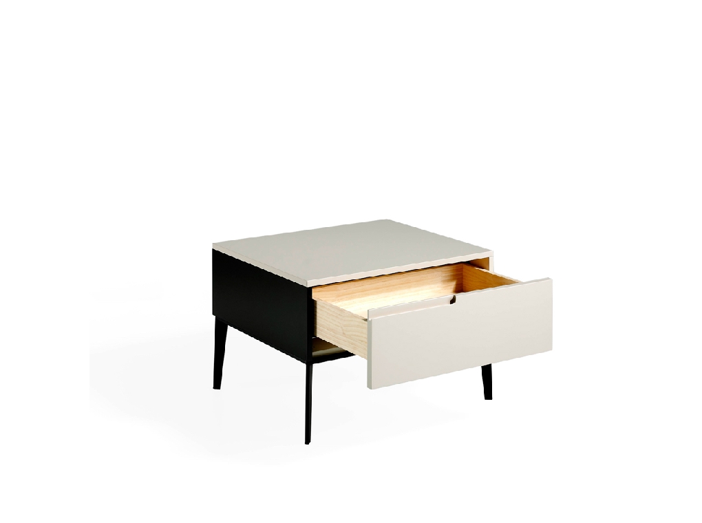 Lacquered bedside table with black steel legs Lacquered bedside table with black steel legs