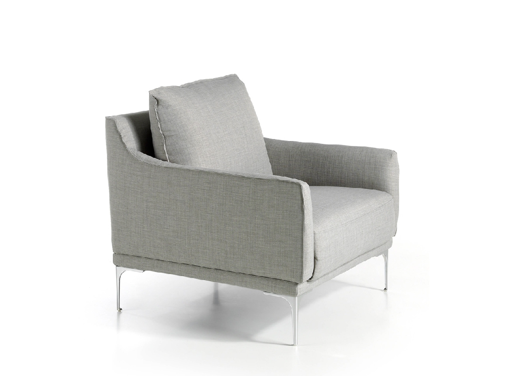 Armchair upholstered in fabric and chrome steel legs