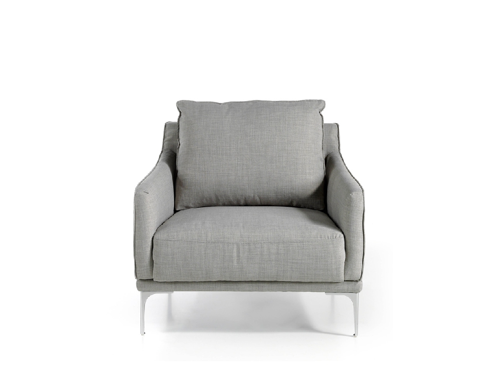 Armchair upholstered in fabric and chrome steel legs