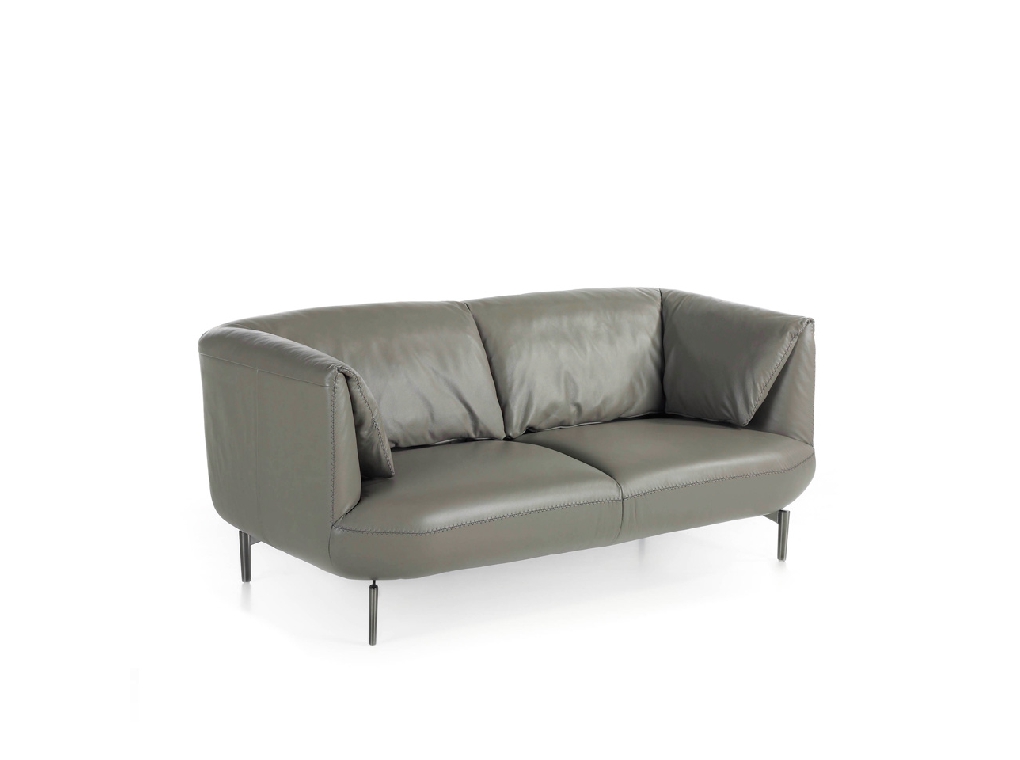 2-seater sofa upholstered in leather with polished steel legs