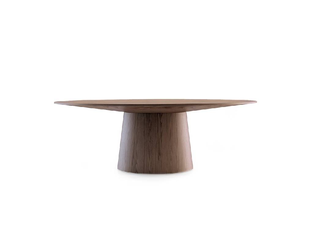 Oval dining table in walnut veneered wood. Oval dining table in walnut veneered wood.