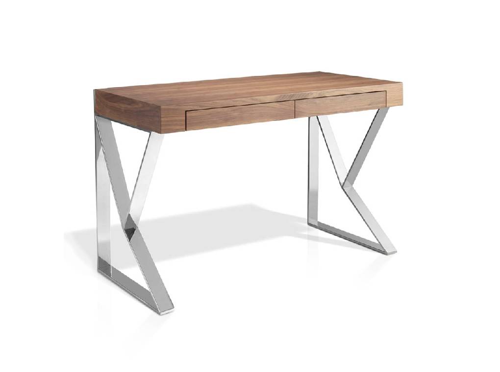 Office desk in walnut veneered wood with stainless steel frame Office desk in walnut veneered wood with stainless steel frame