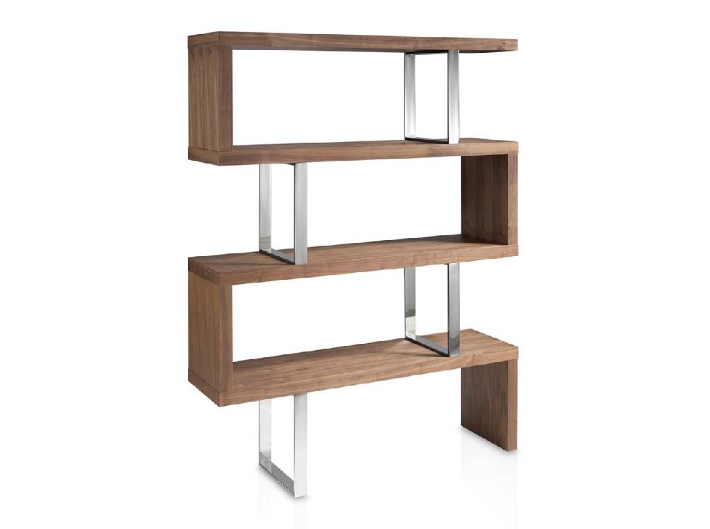 Bookshelves in walnut veneered wood and stainless steal structure Bookshelves in walnut veneered wood and stainless steal structure