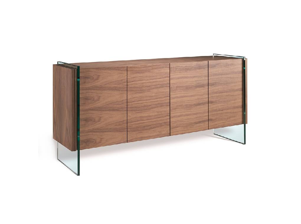 Sideboard in walnut veneered wood with tempered glass sides. Sideboard in walnut veneered wood with tempered glass sides.