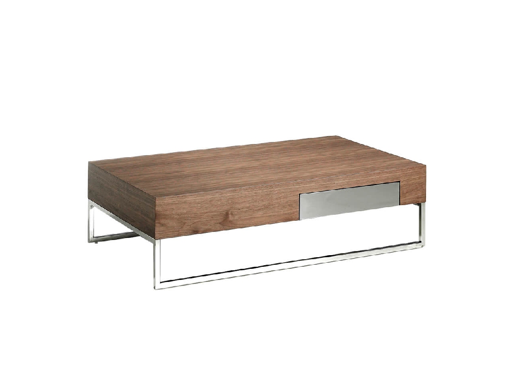 Walnut wood and chrome steel coffee table with drawer