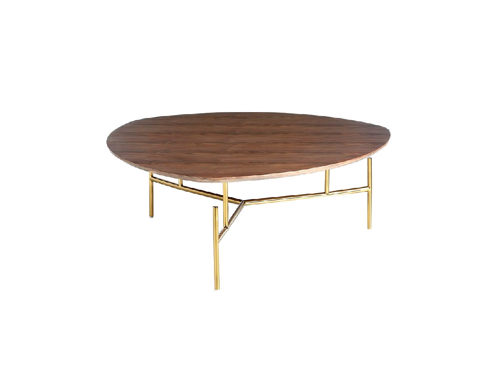 Walnut wood and golden steel coffee table