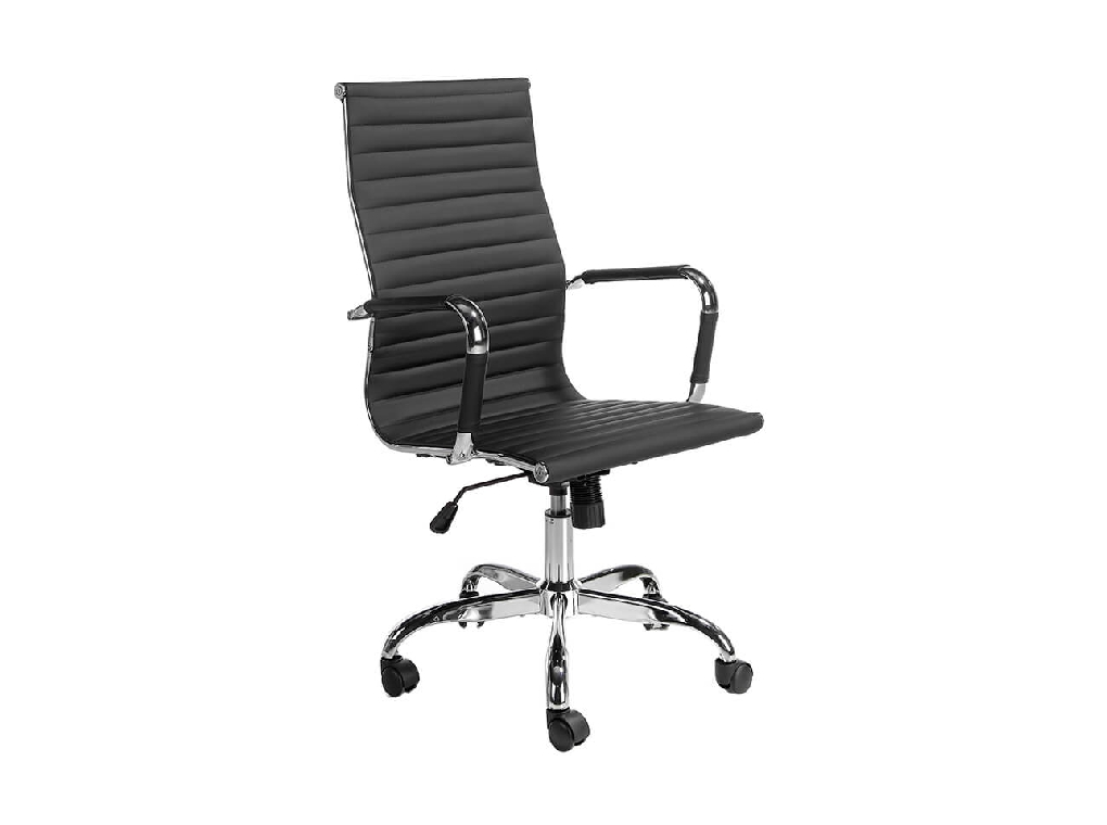 Swivel office chair upholstered in black leatherette with chromed steel frame Swivel office chair upholstered in black leatherette with chromed steel frame