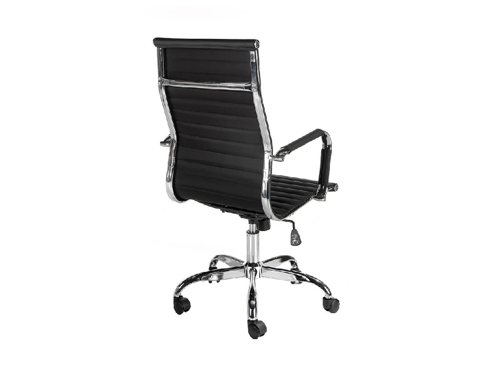 Swivel office chair upholstered in black leatherette with chromed steel frame