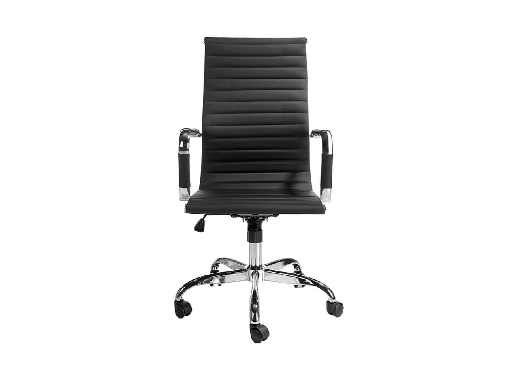 Swivel office chair upholstered in black leatherette with chromed steel frame Swivel office chair upholstered in black leatherette with chromed steel frame