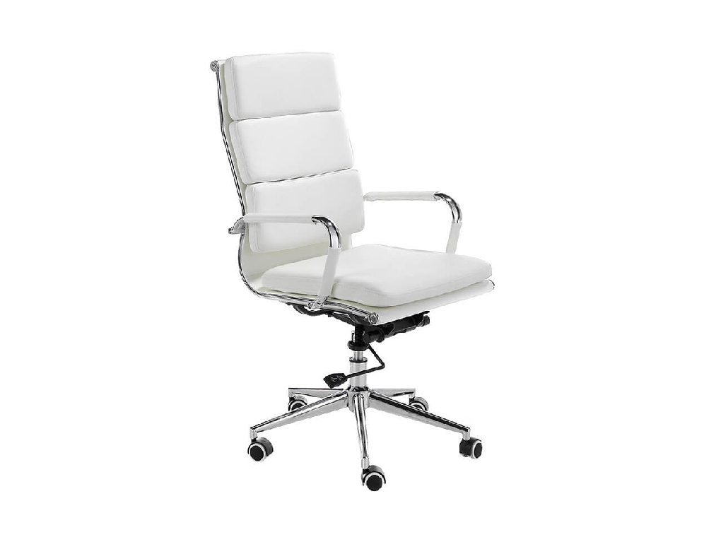 Swivel office chair upholstered in white leatherette with chromed steel frame Swivel office chair upholstered in white leatherette with chromed steel frame