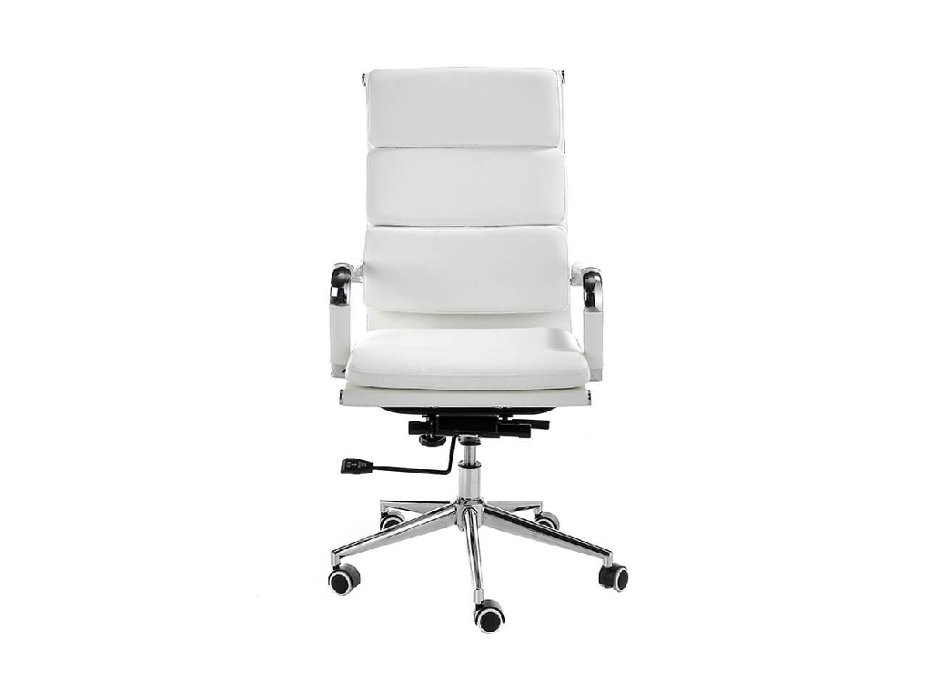 Swivel office chair upholstered in white leatherette with chromed steel frame Swivel office chair upholstered in white leatherette with chromed steel frame