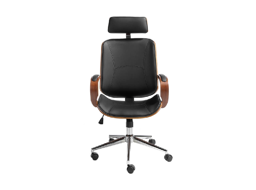 Swivel office chair upholstered in black leatherette with Walnut colored wooden structure