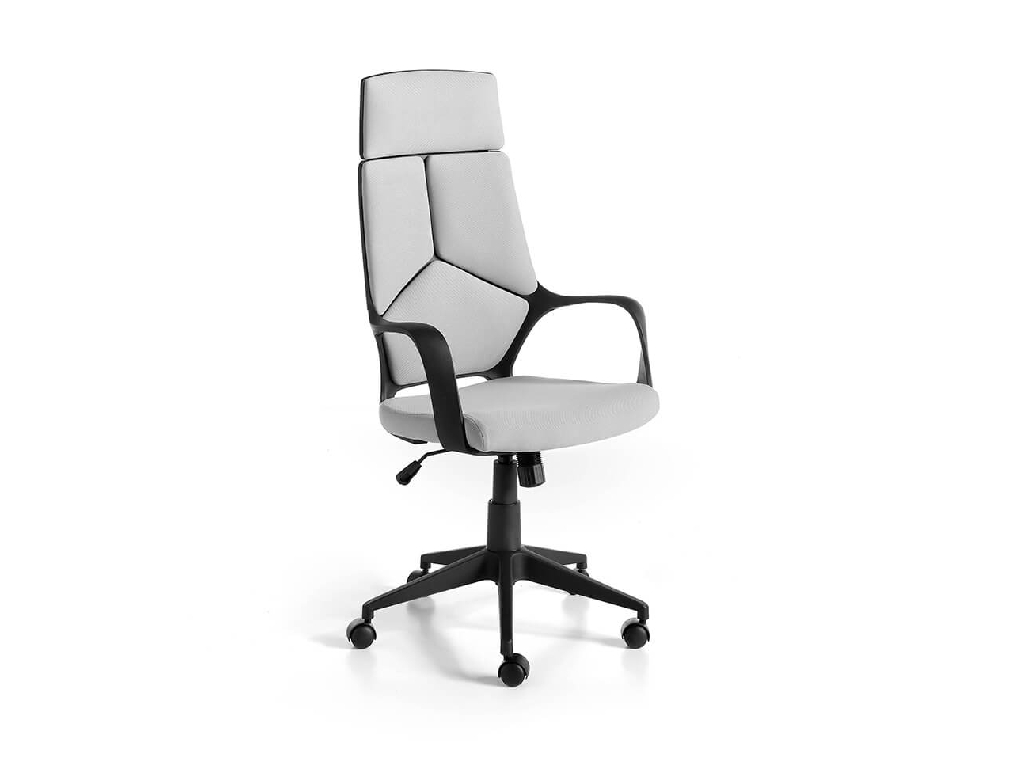 Office chair upholstered in gray fabric with armrests