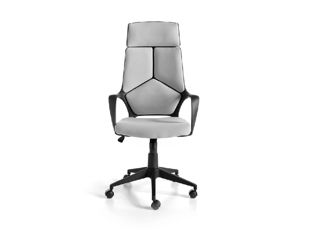 Office chair upholstered in gray fabric with armrests