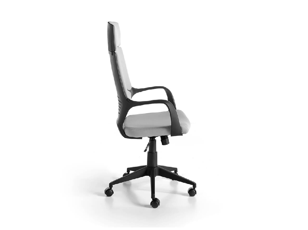 Office chair upholstered in gray fabric with armrests