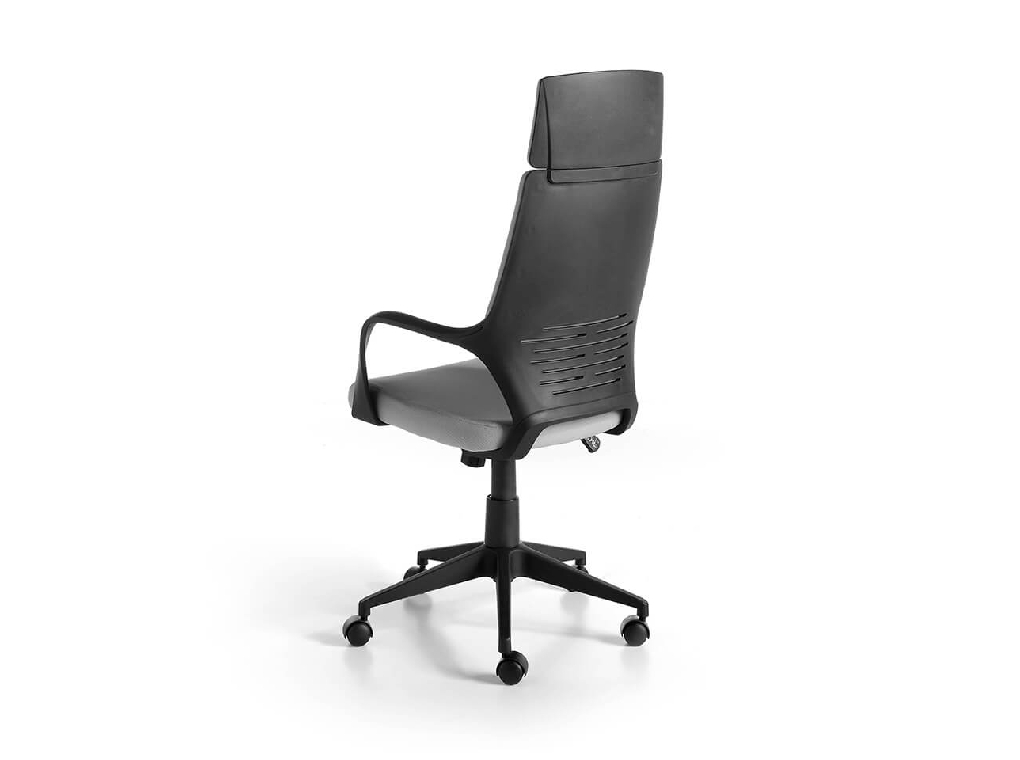 Office chair upholstered in gray fabric with armrests