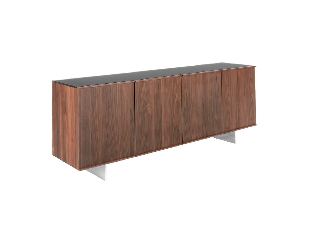 Sideboard manufactured in walnut plate with stainless steel legs and tempered glass top Sideboard manufactured in walnut plate with stainless steel legs and tempered glass top