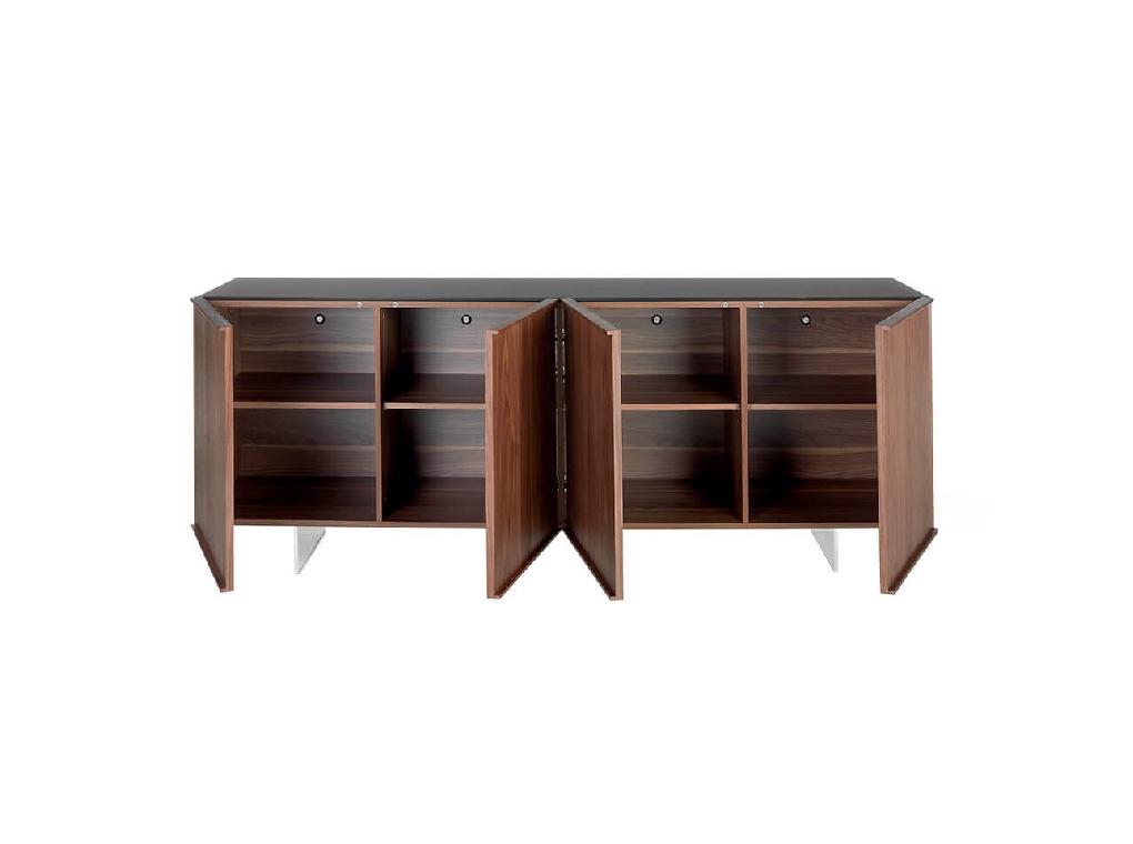 Sideboard manufactured in walnut plate with stainless steel legs and tempered glass top Sideboard manufactured in walnut plate with stainless steel legs and tempered glass top