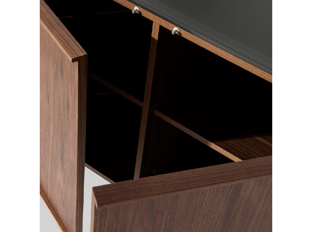 Sideboard manufactured in walnut plate with stainless steel legs and tempered glass top Sideboard manufactured in walnut plate with stainless steel legs and tempered glass top
