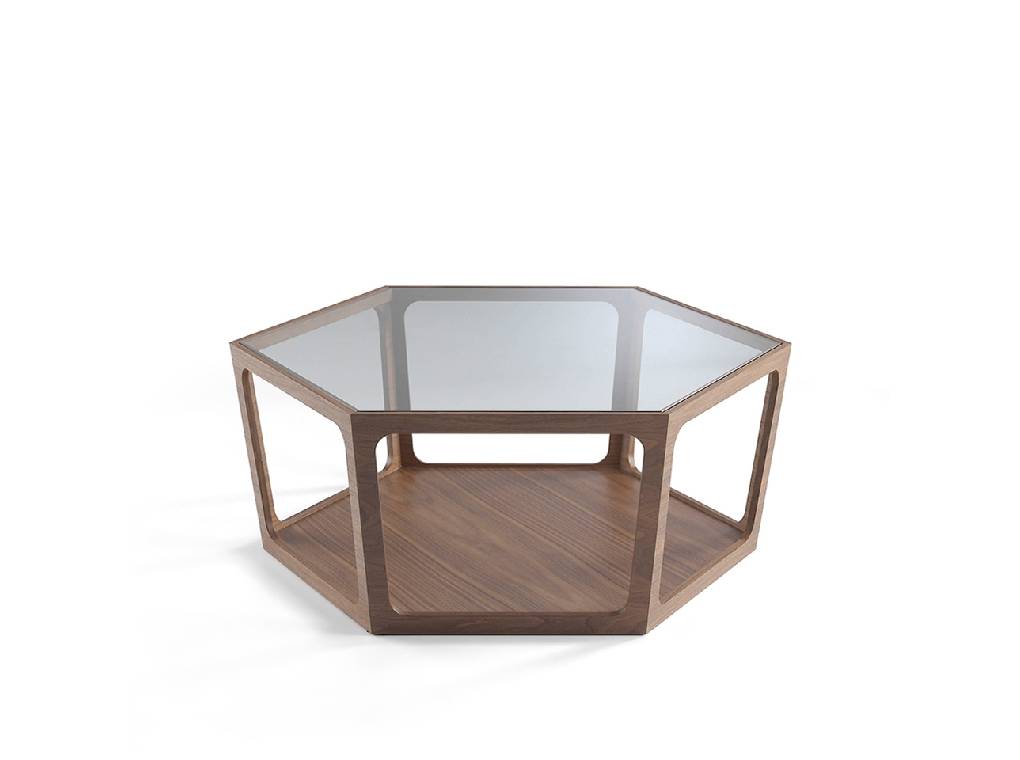 Hexagonal coffee table in Walnut wood and tempered glass
