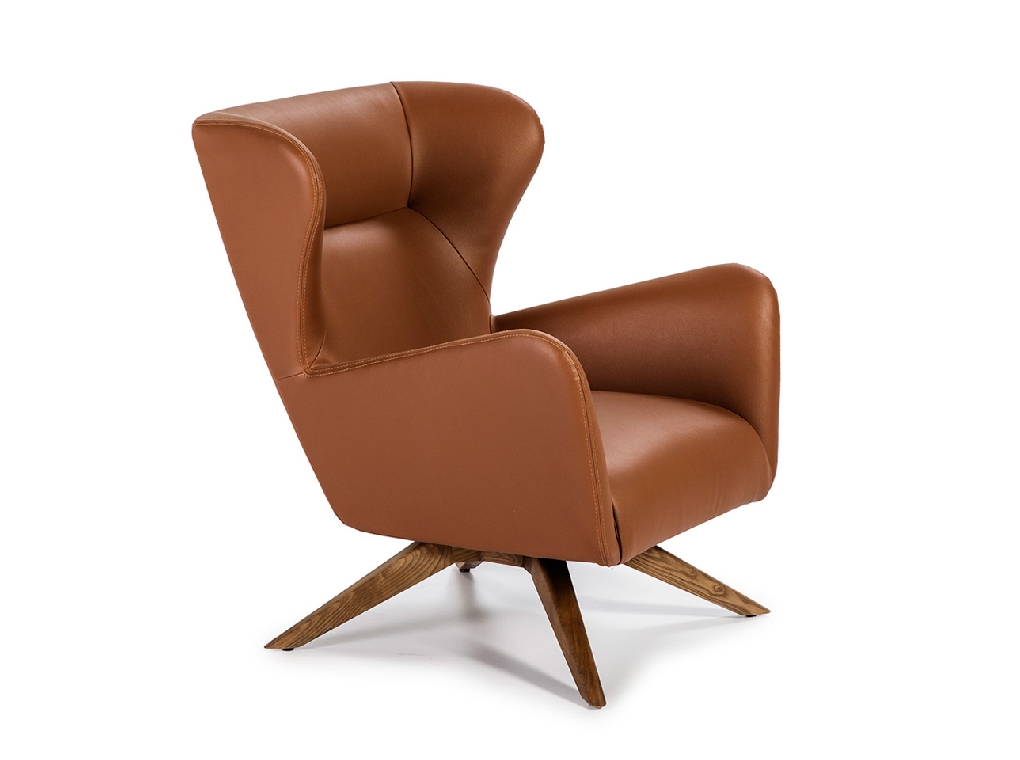 Swivel armchair upholstered in leatherette and Walnut wood legs