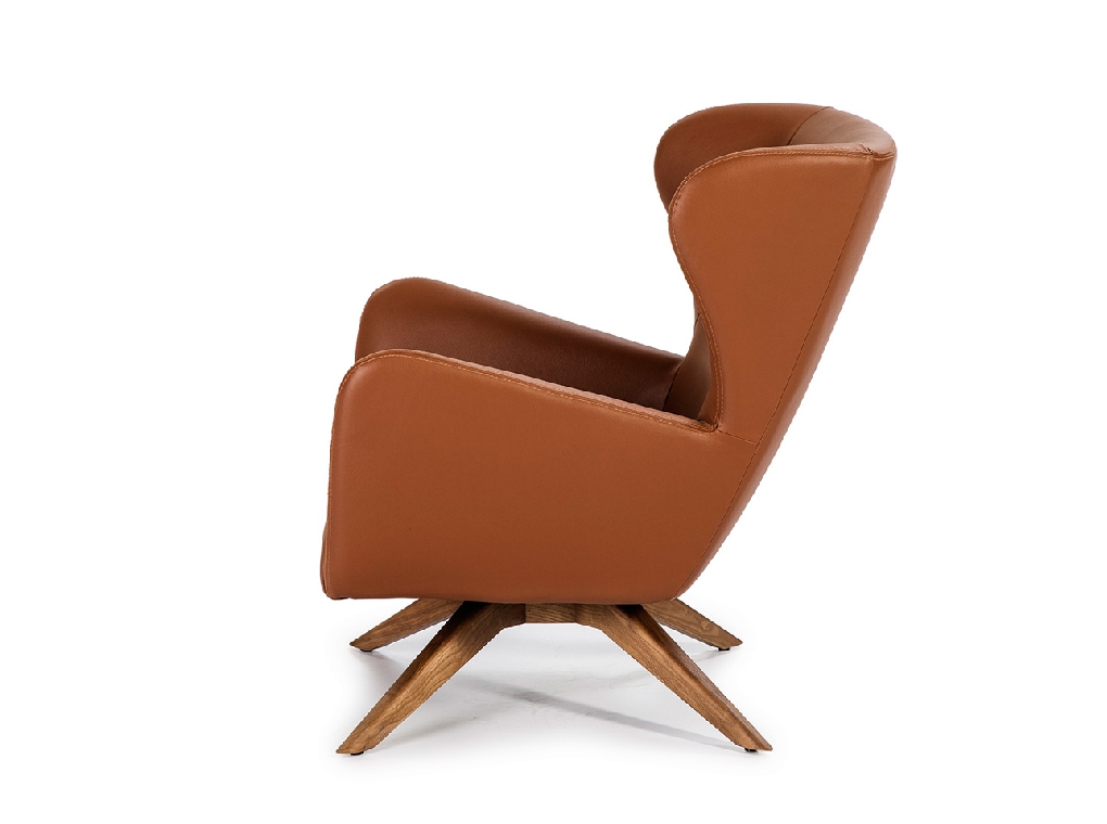 Swivel armchair upholstered in leatherette and Walnut wood legs