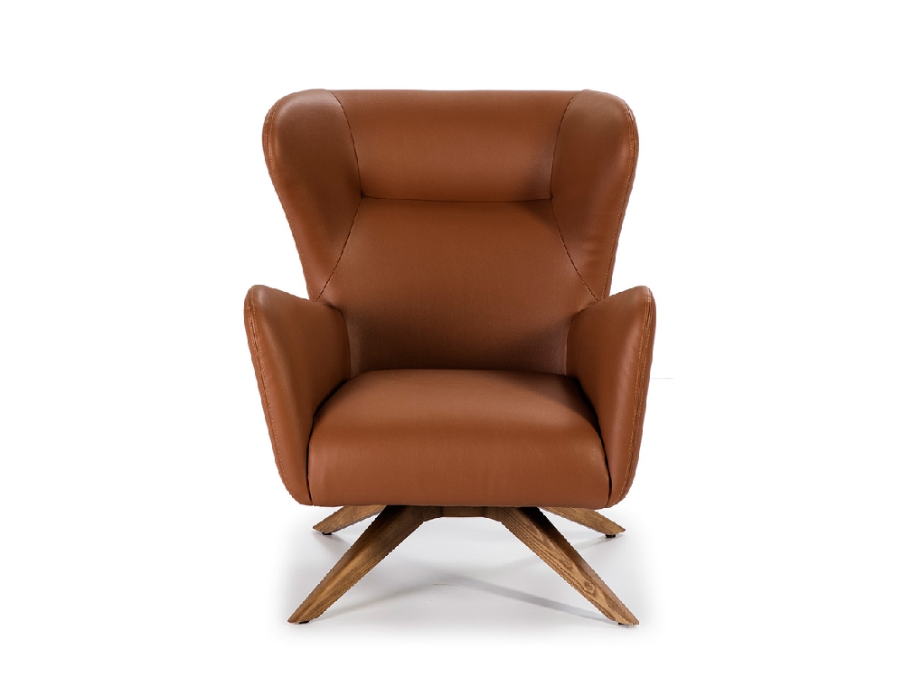 Swivel armchair upholstered in leatherette and Walnut wood legs