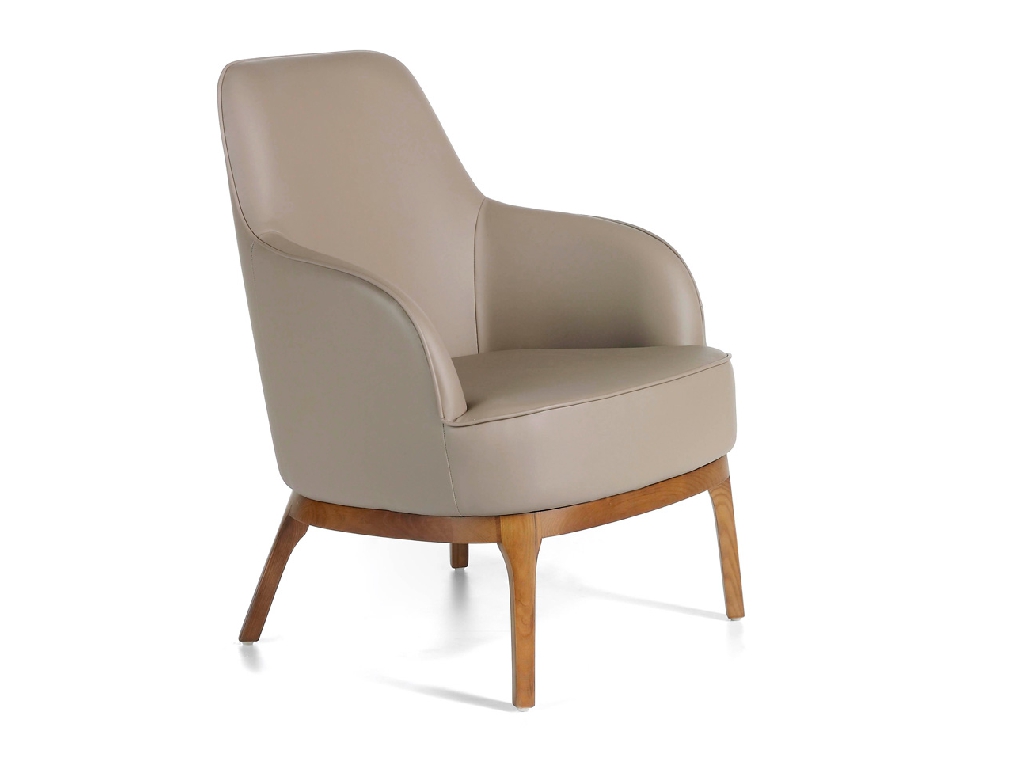Armchair upholstered in leatherette and Walnut wood legs