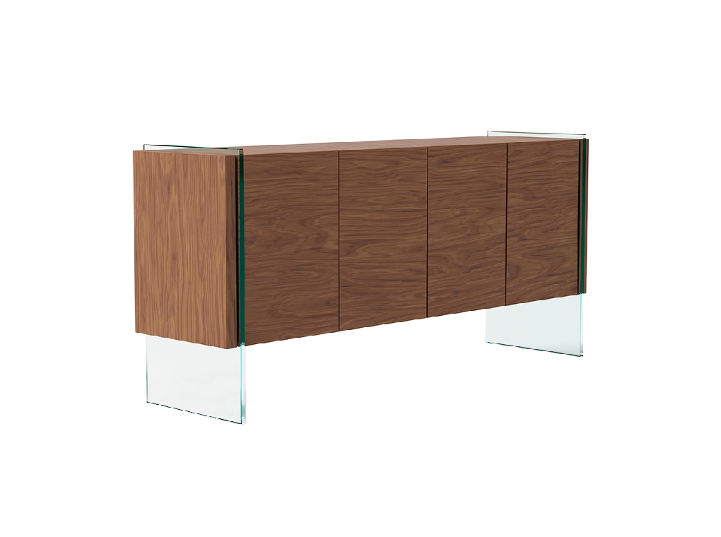 Sideboard in walnut veneered wood with tempered glass sides. Sideboard in walnut veneered wood with tempered glass sides.