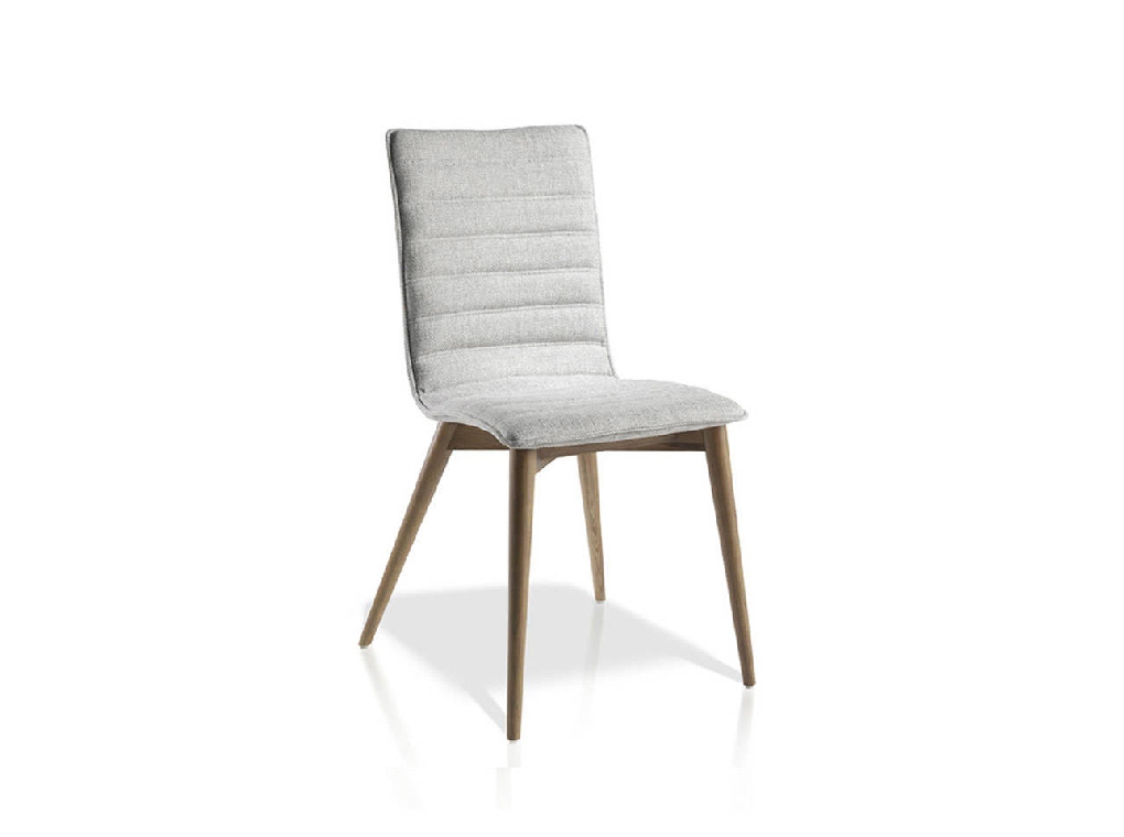 Upholstered chair with leg in walnut color. Upholstered chair with leg in walnut color.