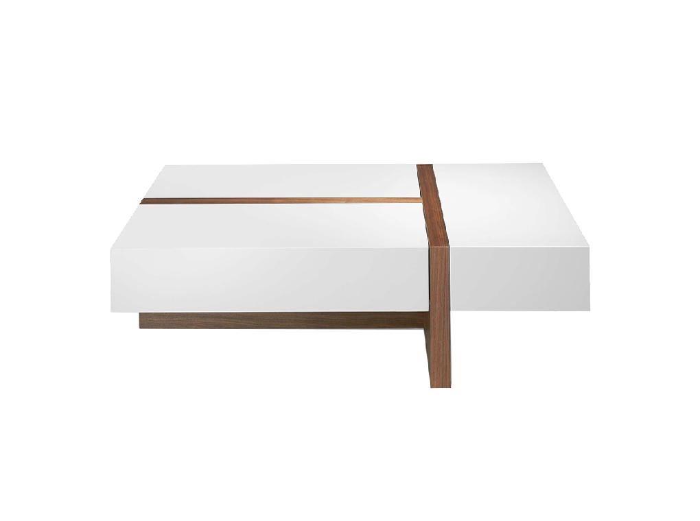 Table basse en bois blanc avec tiroirs et bois de noye