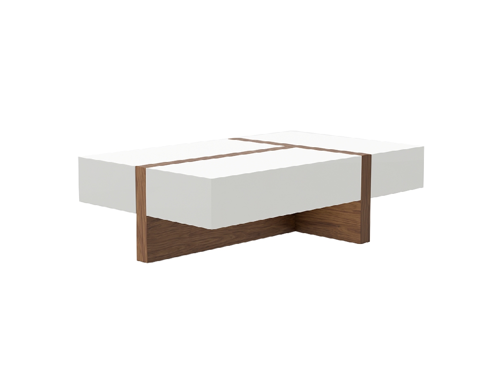 Table basse en bois blanc avec tiroirs et bois de noye