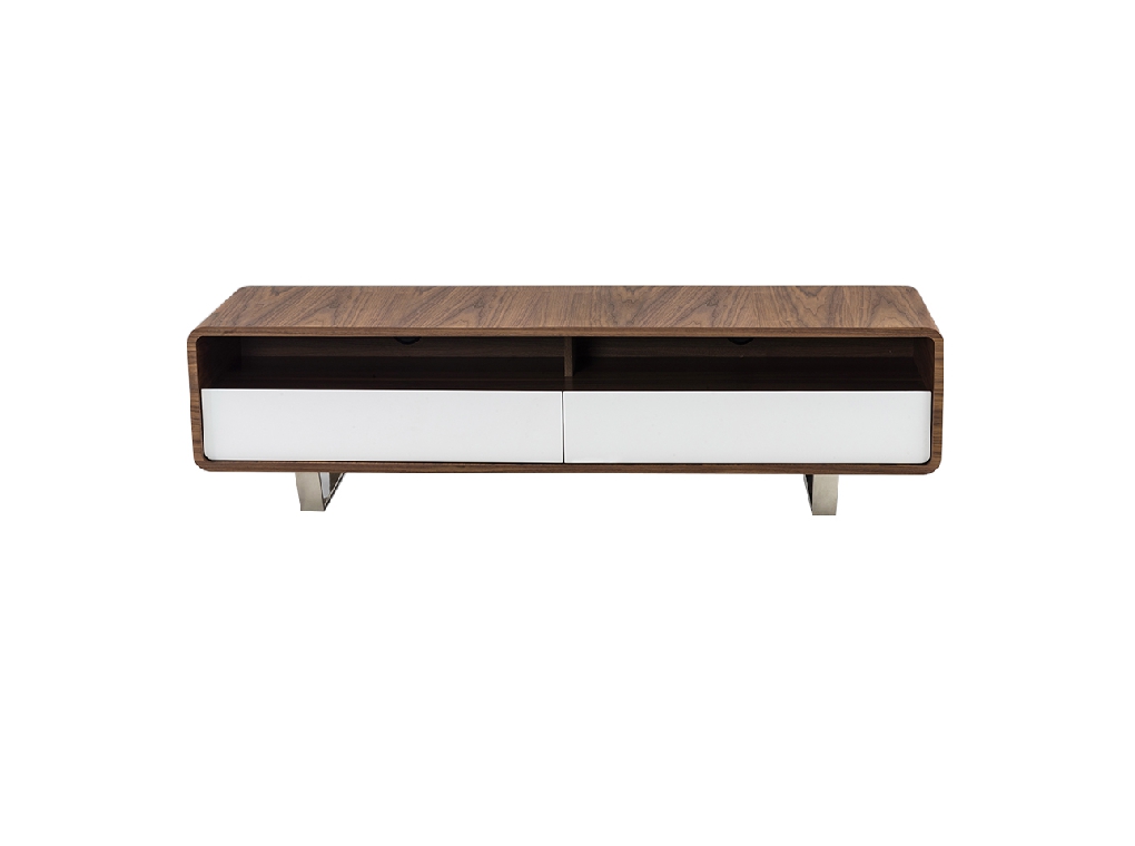 Walnut wood TV cabinet with white drawers and chrome steel