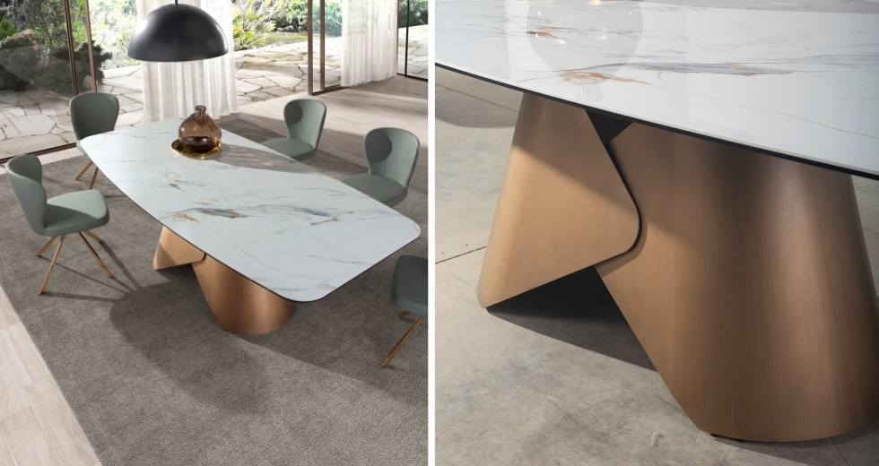 Mesa comedor ovalada barril mármol porcelánico y acero color bronce 1172