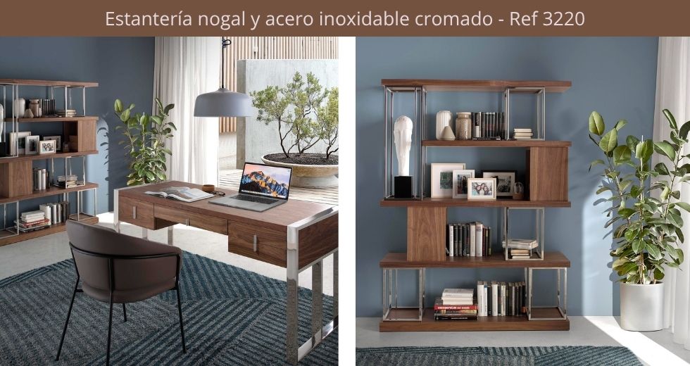 Estantería nogal y acero inoxidable cromado - Ref 3220