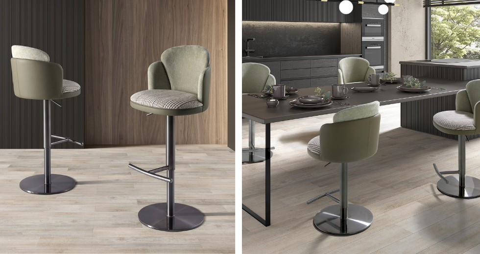 Taburete giratorio tela verde oscuro y blanco y polipiel verde oliva 4233