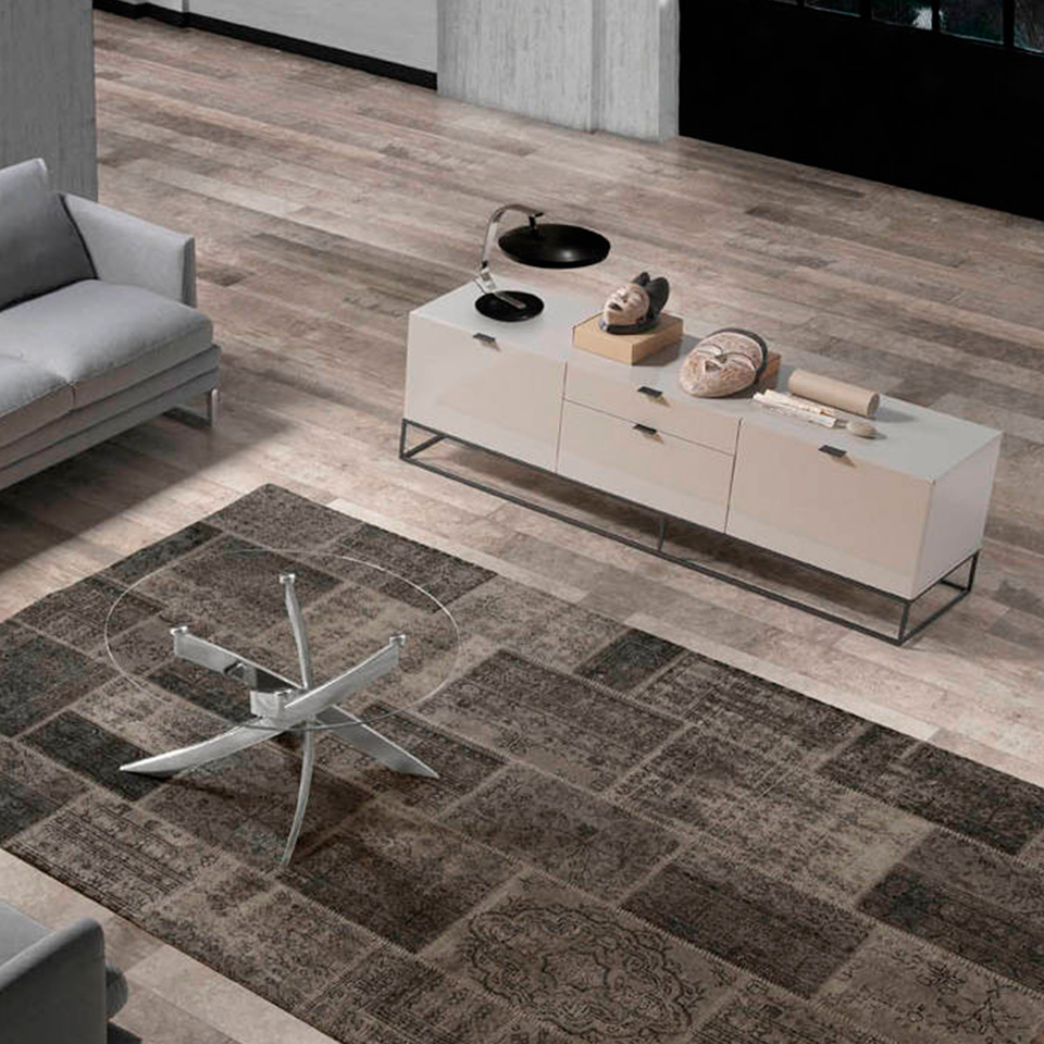 Mueble TV gris perla y acero negro